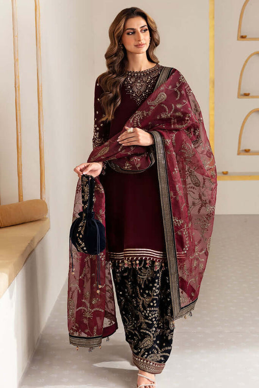 3 Piece Unstitched Heavy Embroidered Velvet Suit with Heavy Embroidered Organza Dupatta