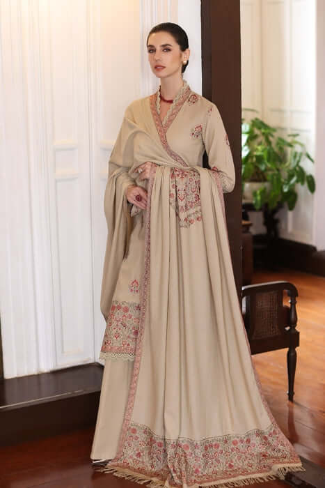 3 Piece Unstitched Heavy Embroidered Dhanak Suit with Heavy Embroidered Dhanak Wool Shawl