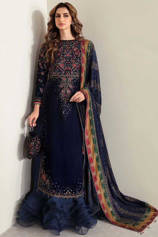 3 Piece Unstitched Heavy Embroidered Velvet Suit with Heavy Embroidered Chiffon Dupatta