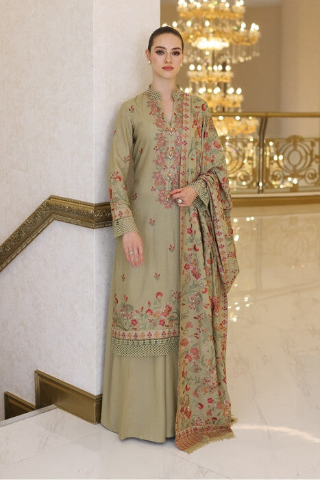 3 Piece Unstitched Heavy Embroidered Dhanak Suit with Heavy Embroidered Dhanak Wool Shawl