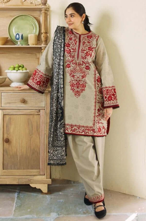 3 Piece Unstitched Heavy Embroidered Lawn Suit with Fine Printed Lawn Dupatta