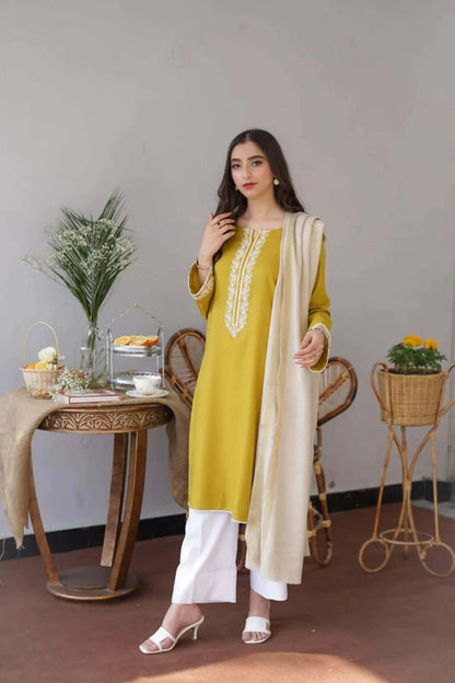 3 Piece Unstitched Heavy Embroidered Dhanak Suit with Dhanak Wool Plain Dyed Shawl