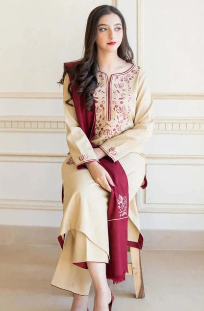 3 Piece Unstitched Heavy Embroidered Dhanak Suit with Heavy Embroidered Dhanak Shawl