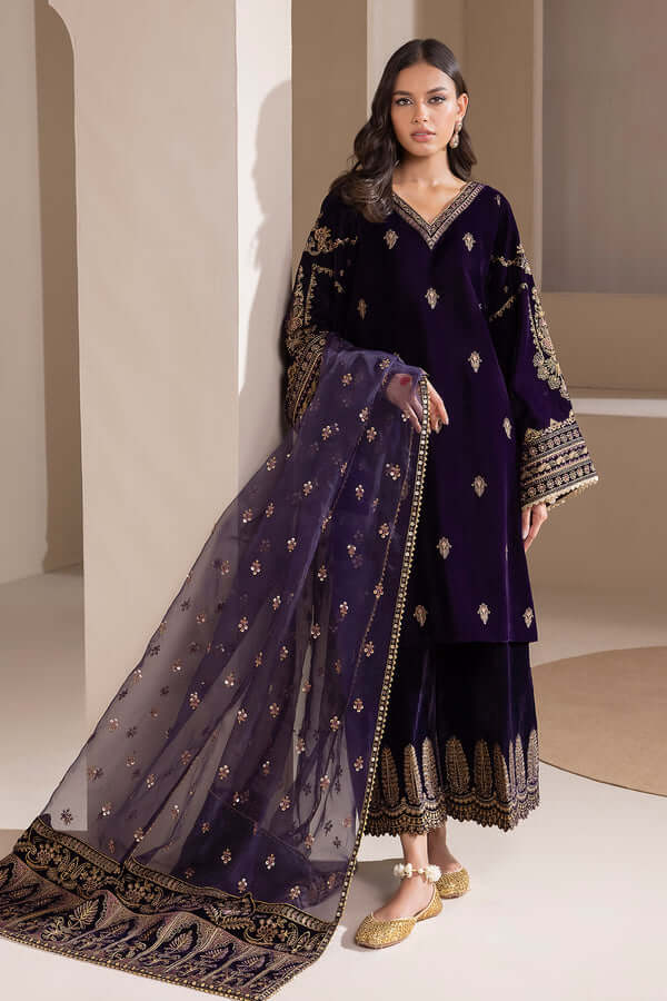 3 Piece Unstitched Heavy Embroidered Velvet Suit with Heavy Embroidered Organza Dupatta