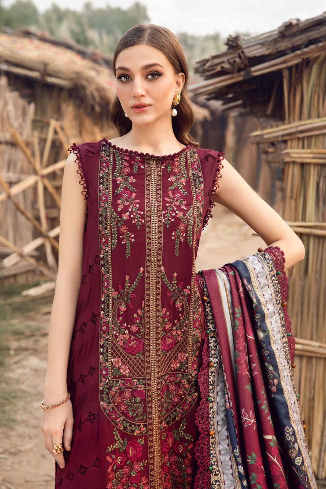 3 Piece Unstitched Heavy Embroidered Dhanak Suit with Printed Woolen Shawl