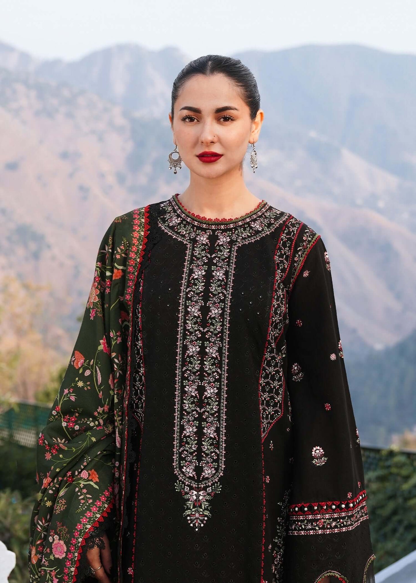 3 Piece Unstitched Heavy Embroidered Dhanak Suit with Printed Woolen Shawl