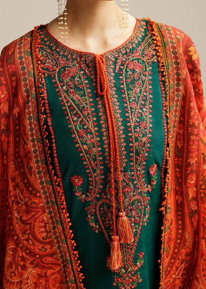 3 Piece Unstitched Heavy Embroidered Dhanak Suit with Printed Woolen Shawl