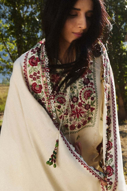 3 Piece Unstitched Heavy Embroidered Dhanak Suit with Heavy Embroidered Dhanak Shawl