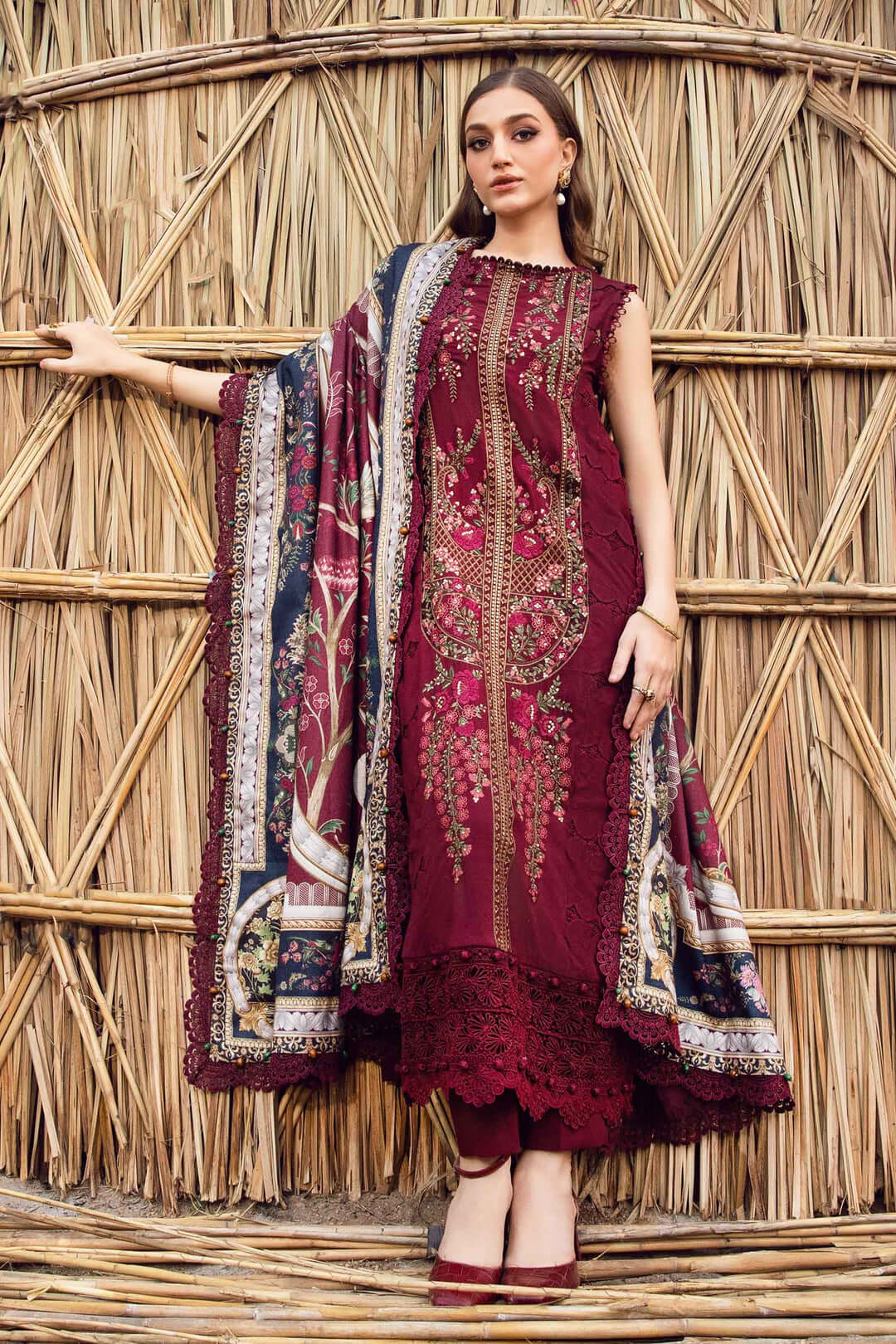 3 Piece Unstitched Heavy Embroidered Dhanak Suit with Printed Woolen Shawl