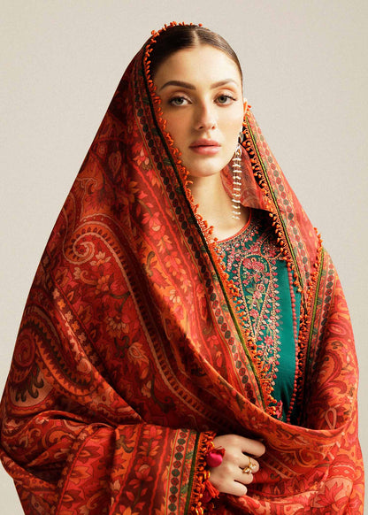 3 Piece Unstitched Heavy Embroidered Dhanak Suit with Printed Woolen Shawl