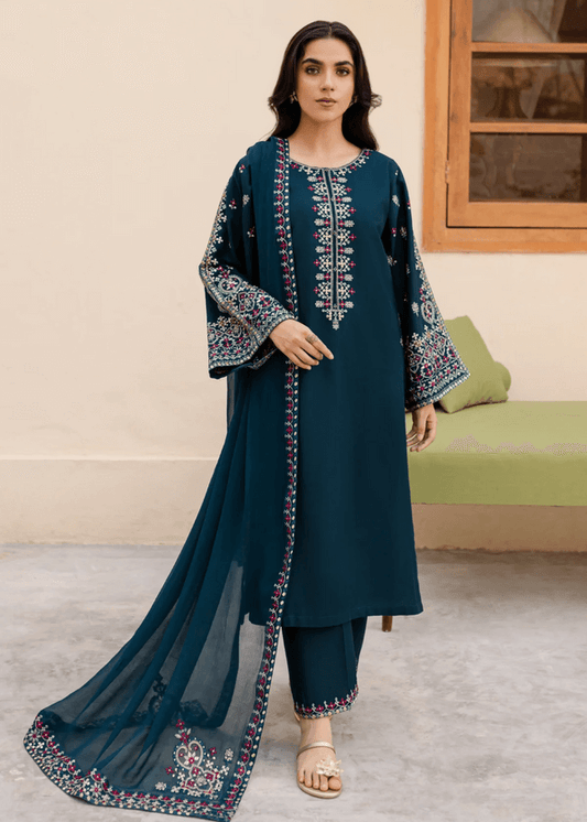 3 Piece Unstitched Heavy Embroidered Dhanak Suit with Four-sided Embroidered Dhanak Shawl