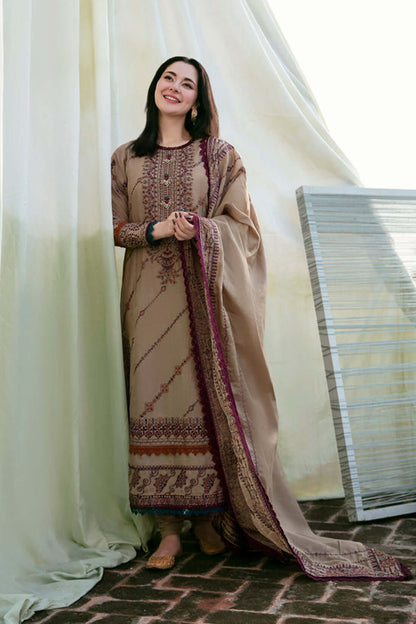 3 Piece Unstitched Heavy Embroidered Dhanak Suit with Printed Woolen Shawl with Four-sided Lace