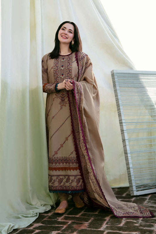 3 Piece Unstitched Heavy Embroidered Dhanak Suit with Printed Woolen Shawl with Four-sided Lace