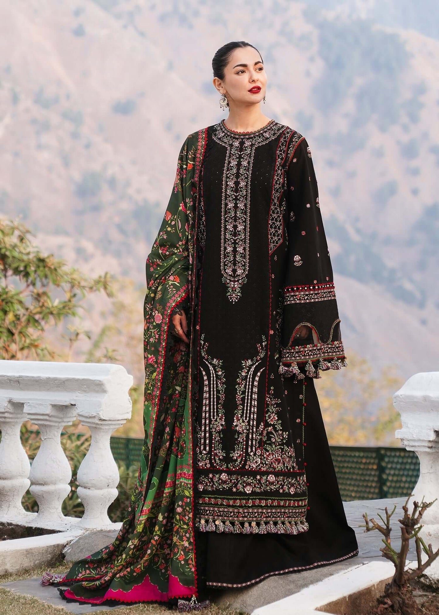 3 Piece Unstitched Heavy Embroidered Dhanak Suit with Printed Woolen Shawl