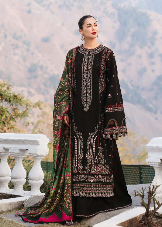 3 Piece Unstitched Heavy Embroidered Dhanak Suit with Printed Woolen Shawl