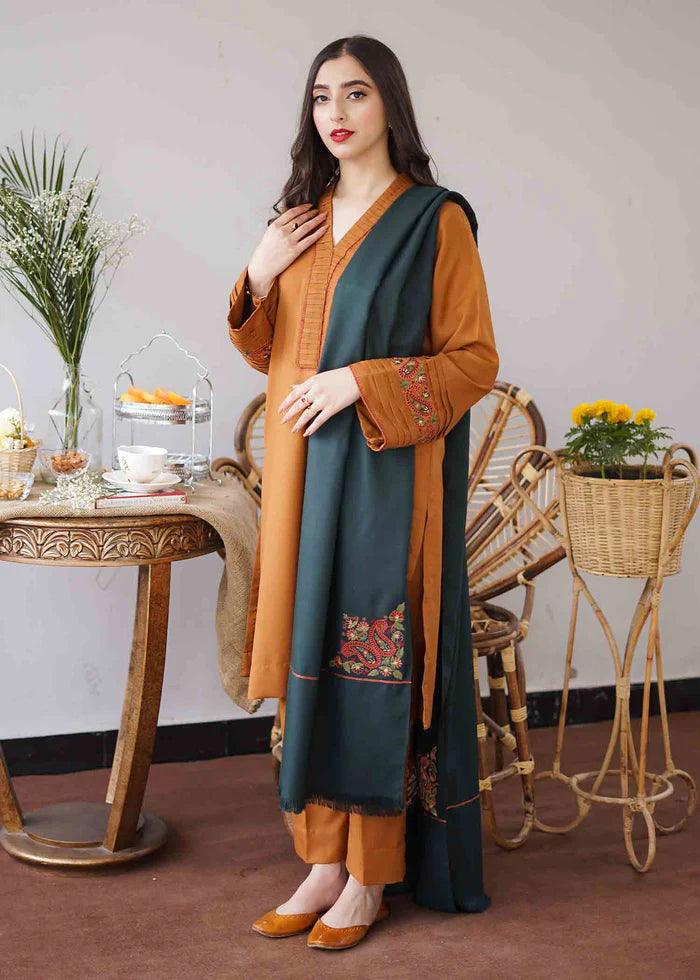 3 Piece Unstitched Embroidered Dhanak Wool Suit With Embroidered Dhanak Wool Shawl - Malam