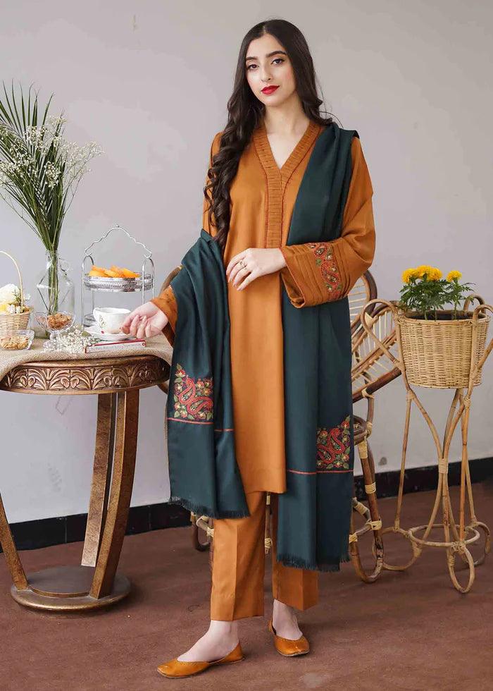 3 Piece Unstitched Embroidered Dhanak Wool Suit With Embroidered Dhanak Wool Shawl - Malam