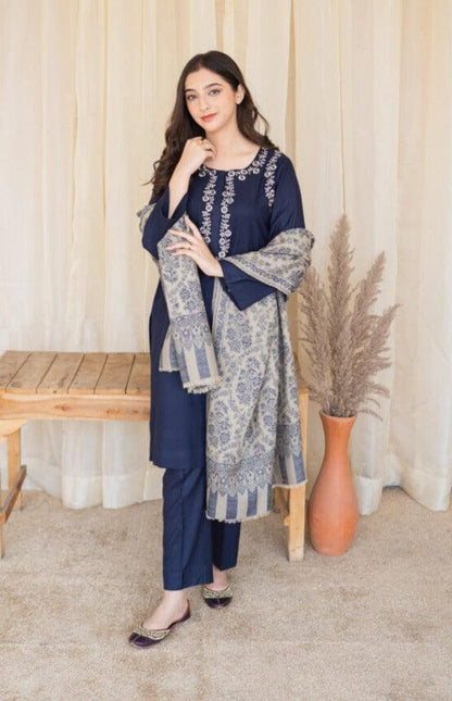 3 Piece Unstitched Embroidered Dhanak Wool Suit With Printed Woolen Shawl - Malam