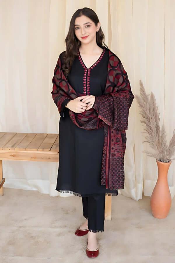 3 Piece Unstitched Embroidered Dhanak Wool Suit With Printed Woolen Shawl - Malam