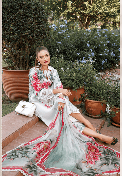 3 Piece Unstitched Embroidered Lawn Suit With Digital Printed Bamber Chiffon Dupatta - Malam