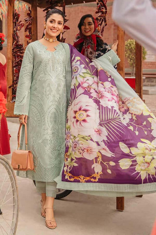 3 Piece Unstitched Heavy Embroidered Chickan Kari Lawn Suit with Digital Printed Silk Dupatta - Malam