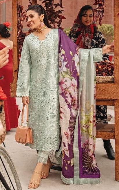 3 Piece Unstitched Heavy Embroidered Chickan Kari Lawn Suit with Digital Printed Silk Dupatta - Malam