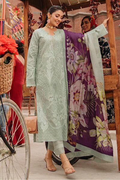 3 Piece Unstitched Heavy Embroidered Chickan Kari Lawn Suit with Digital Printed Silk Dupatta - Malam