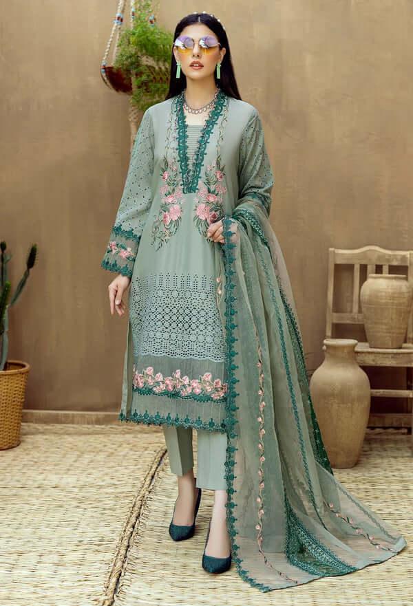 3 Piece Unstitched Heavy Embroidered Chickan Kari Lawn Suit with Heavy Embroidered Organza Dupatta - Malam