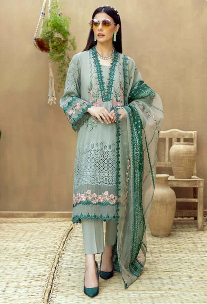 3 Piece Unstitched Heavy Embroidered Chickan Kari Lawn Suit with Heavy Embroidered Organza Dupatta - Malam