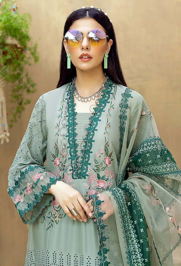 3 Piece Unstitched Heavy Embroidered Chickan Kari Lawn Suit with Heavy Embroidered Organza Dupatta - Malam