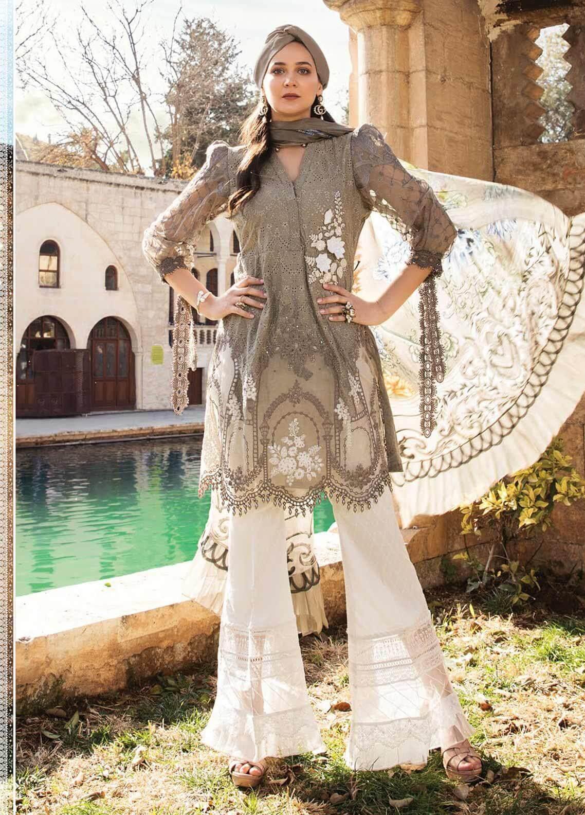 3 Piece Unstitched Heavy Embroidered Chickan Kari Lawn Suit with Printed Chiffon Dupatta - Malam