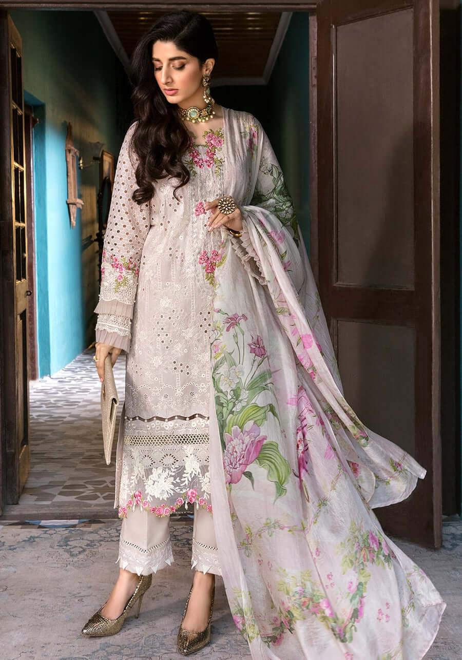 3 Piece Unstitched Heavy Embroidered Chickan Kari Lawn Suit with Printed Silk Dupatta - Malam