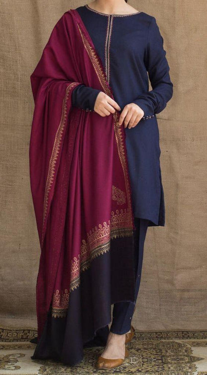 3 Piece Unstitched Heavy Embroidered Dhanak Wool Suit With Digital Printed Dhanak Wool Shawl - Malam