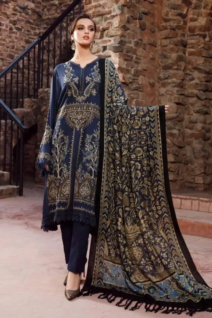 3 Piece Unstitched Heavy Embroidered Dhanak Wool Suit With Digital Printed Wool Shawl - Malam