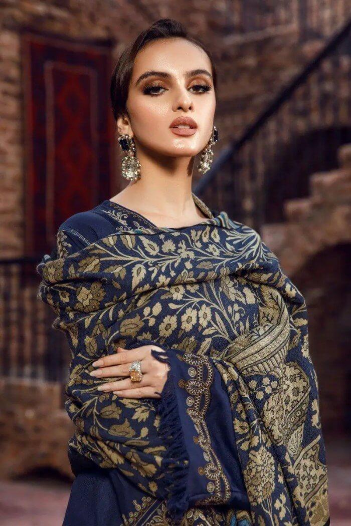 3 Piece Unstitched Heavy Embroidered Dhanak Wool Suit With Digital Printed Wool Shawl - Malam