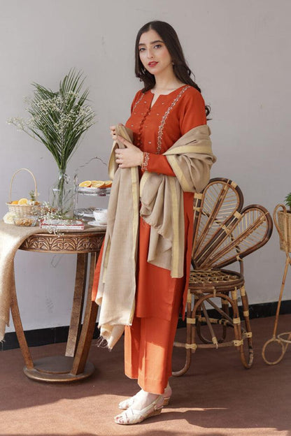 3 Piece Unstitched Heavy Embroidered Dhanak Wool Suit With Embroidered Dhanak Wool Shawl - Malam