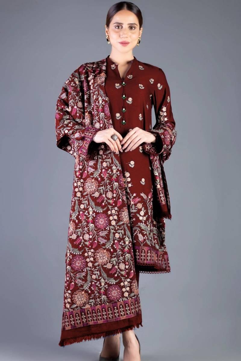 3 Piece Unstitched Heavy Embroidered Dhanak Wool Suit With Fully Embroidered Dhanak Wool Shawl - Malam