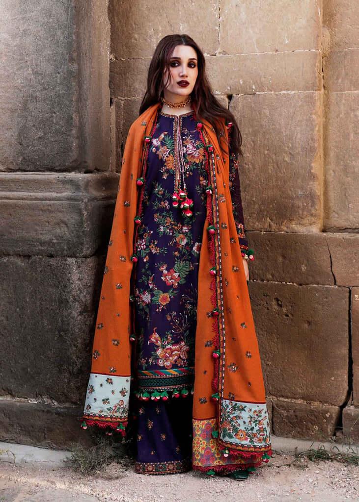 3 Piece Unstitched Heavy Embroidered Dhanak Wool Suit With Heavy Embroidered Dhanak Shawl - Malam