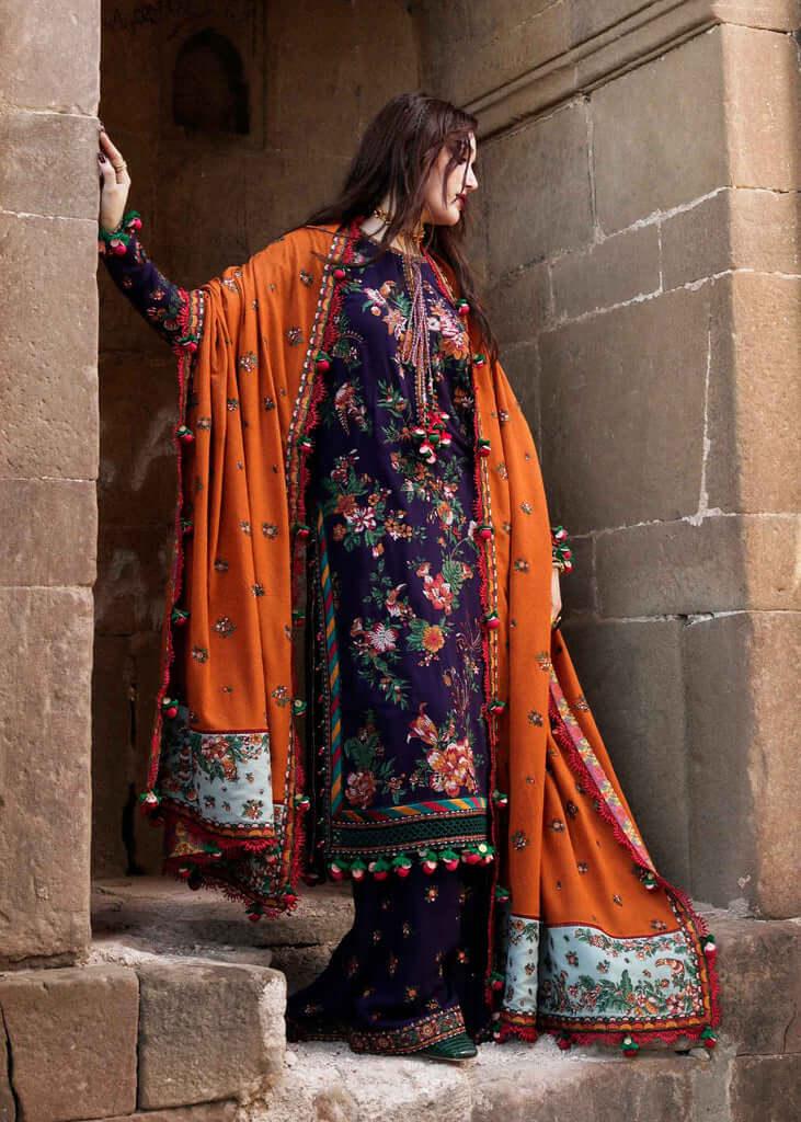 3 Piece Unstitched Heavy Embroidered Dhanak Wool Suit With Heavy Embroidered Dhanak Shawl - Malam