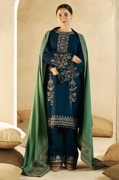 3 Piece Unstitched Heavy Embroidered Dhanak Wool Suit With Heavy Embroidered Dhanak Wool Shawl - Malam