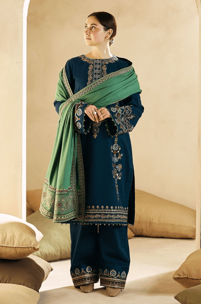 3 Piece Unstitched Heavy Embroidered Dhanak Wool Suit With Heavy Embroidered Dhanak Wool Shawl - Malam