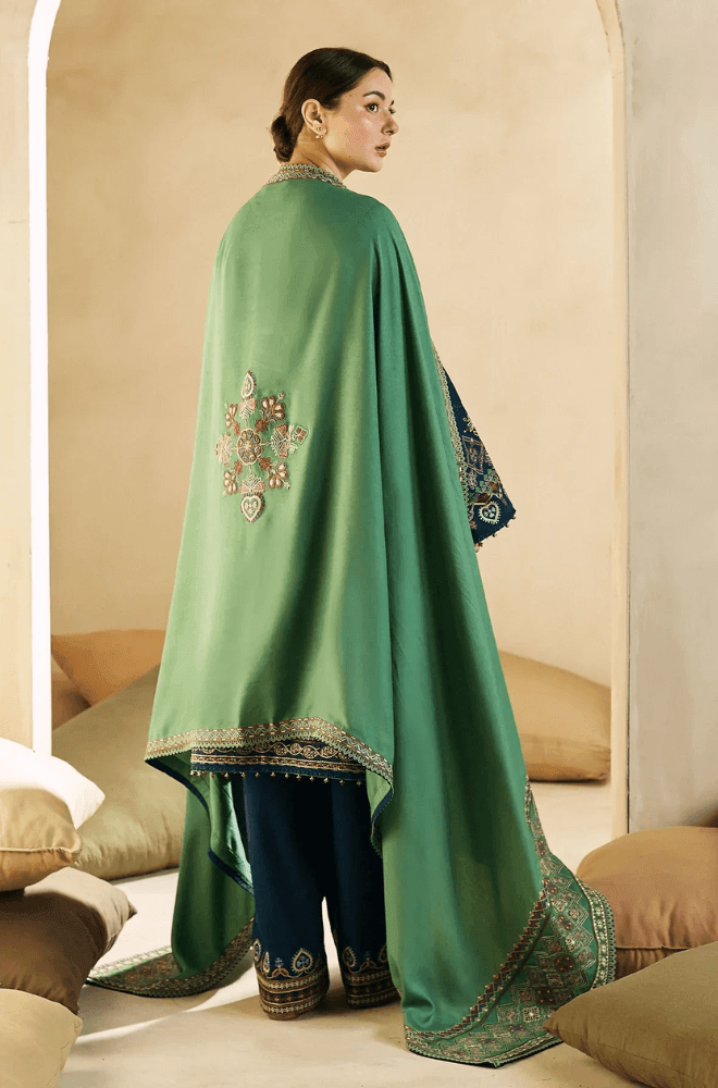 3 Piece Unstitched Heavy Embroidered Dhanak Wool Suit With Heavy Embroidered Dhanak Wool Shawl - Malam