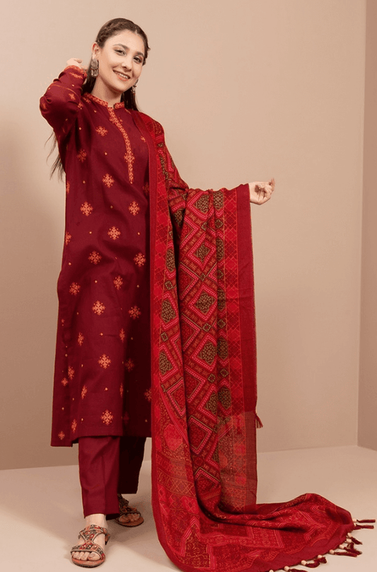 3 Piece Unstitched Heavy Embroidered Dhanak Wool Suit With Printed Dhanak Wool Shawl - Malam