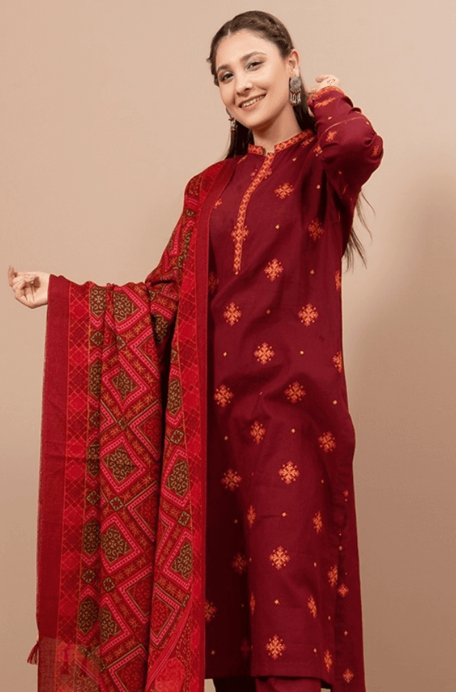 3 Piece Unstitched Heavy Embroidered Dhanak Wool Suit With Printed Dhanak Wool Shawl - Malam