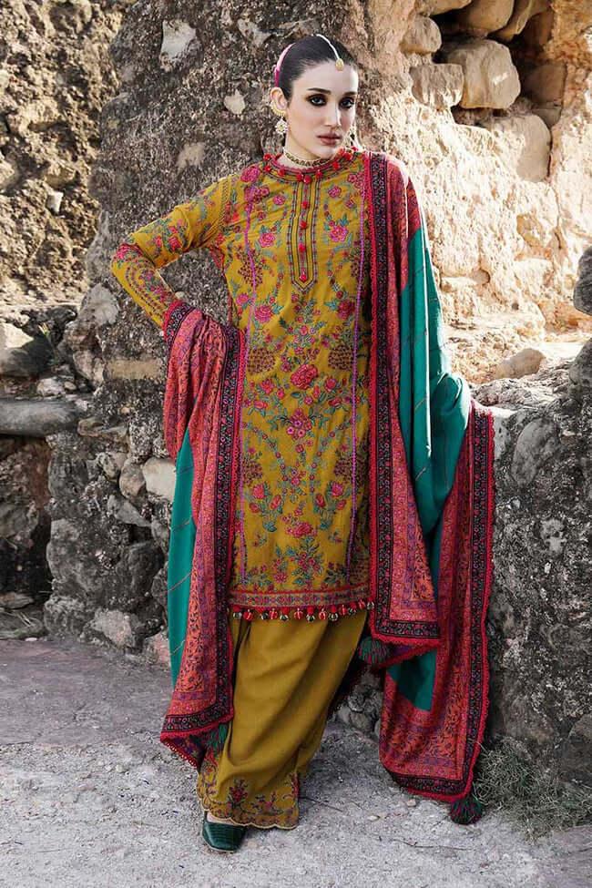 3 Piece Unstitched Heavy Embroidered Dhanak Wool Suit With Printed Woolen Shawl - Malam