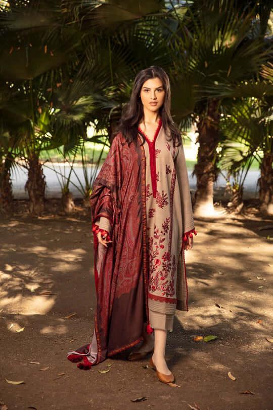 3 Piece Unstitched Heavy Embroidered Khaddar Suit With Printed Woolen Shawl - Malam