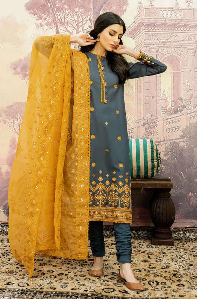 3 Piece Unstitched Heavy Sequenced Embroidered Lawn Suit With Heavy Sequenced Embroidered Organza Dupatta - Malam