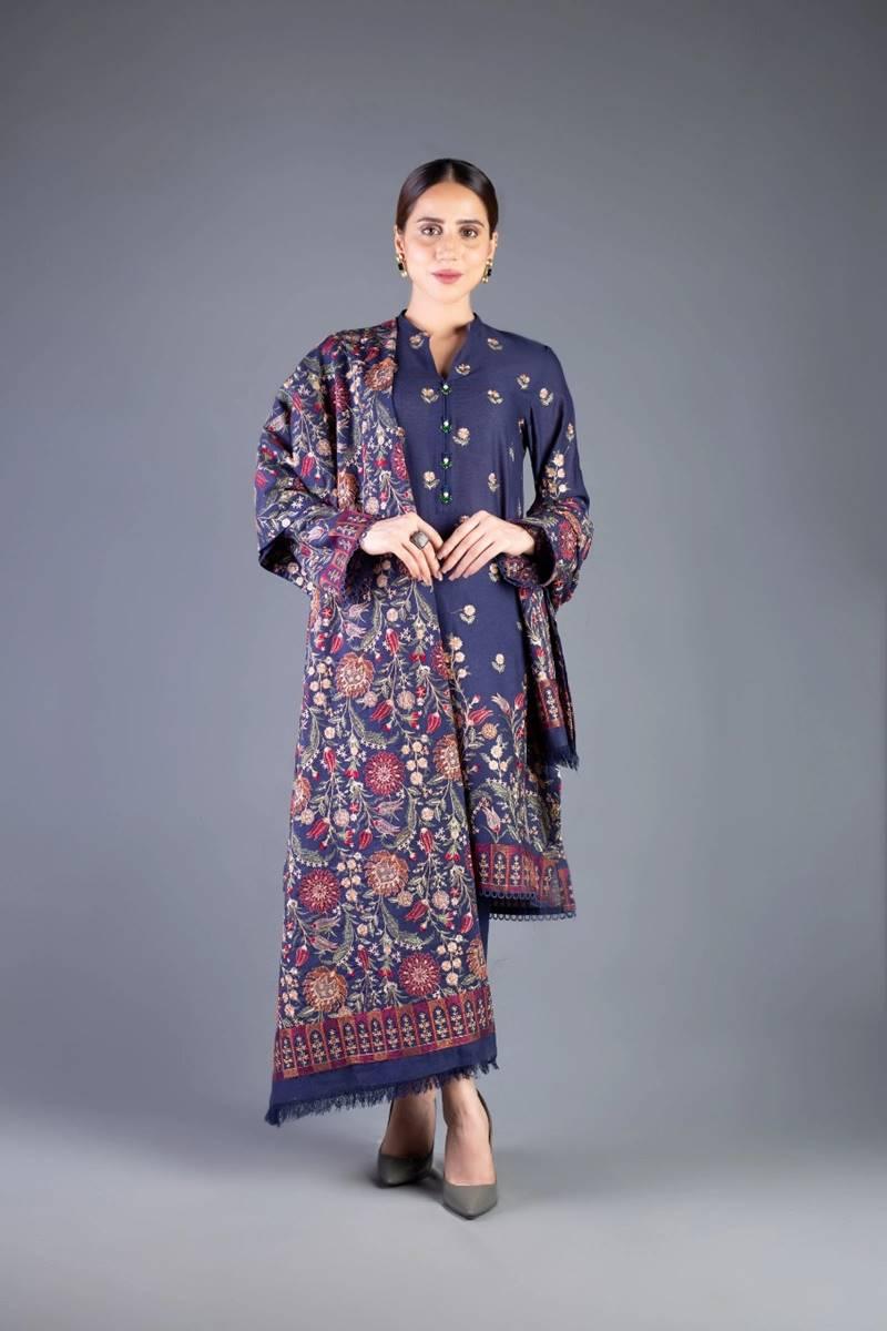 3 Piece Unstitched Heavy Embroidered Dhanak Wool Suit With Fully Embroidered Dhanak Wool Shawl - Malam