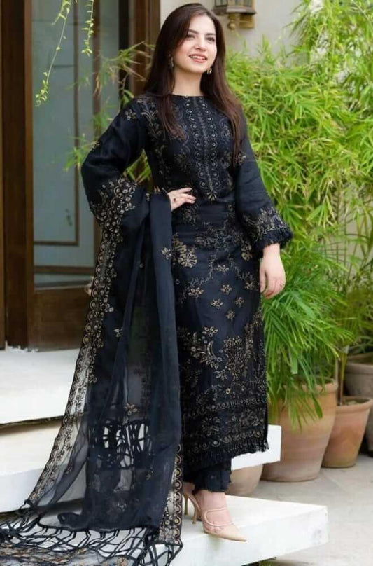 3 Piece Unstitched Heavy Embroidered Lawn Suit With Heavy Embroidered Organza Dupatta - Malam
