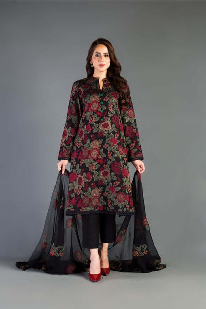 3 Piece Unstitched Heavy Embroidered Lawn Suit With Heavy Embroidered Bamber Chiffon Dupatta - Malam